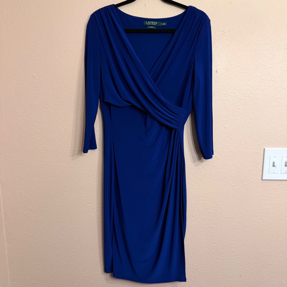 Lauren Ralph Lauren Royal Blue Faux Wrap Sheath Dress Size 10 Pleated V-Neck